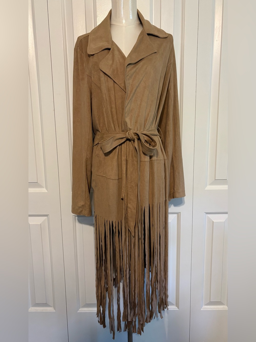 ASHLEY STEWART, Camel Faux Suede Fringe Jacket with belt, Size 12